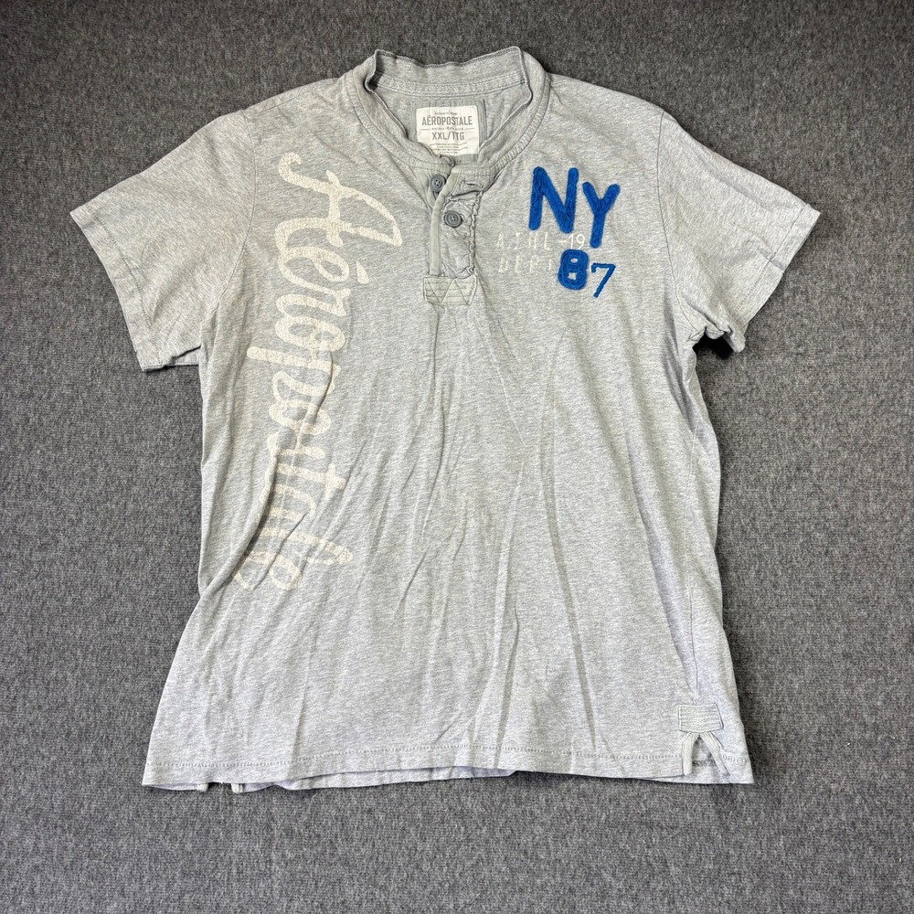 Aeropostale Mens XXL Gray Henley Shirt Short Sleeve NY 87 Graphic Cotton‎ Tee